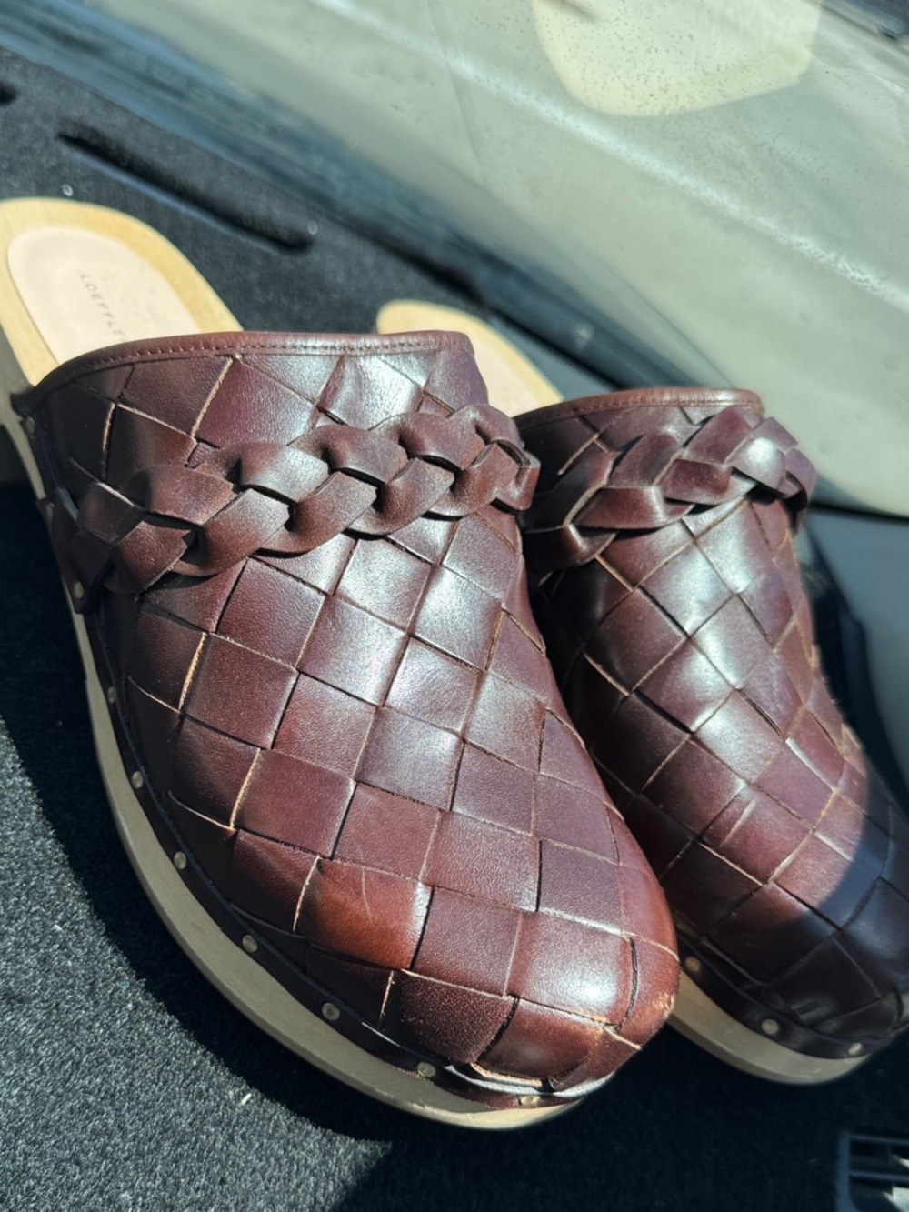 Loeffler Randall Woven Leather Clog Mules in Dark Brown